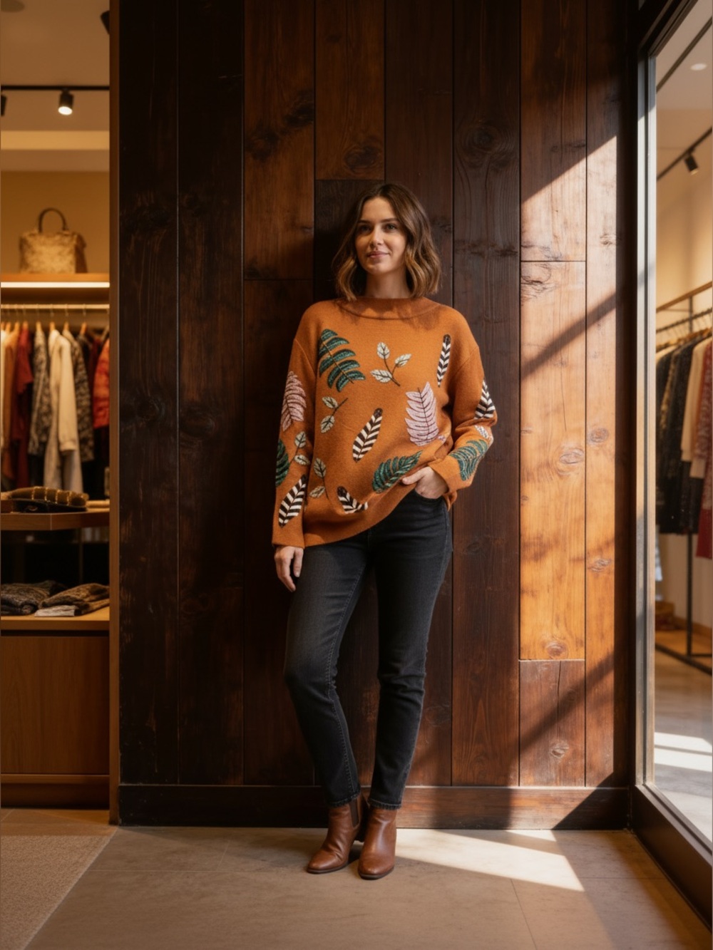 Fate | Women’s Boho Style Orange Leaf Pattern Sweater w/ Wide Sleeves | L | NWT